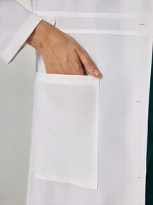 TaskEZ Women's Solid Color Bandbag Collar Long Sleeve Pocket Casual Lab Coat/Jacket, White - White - View 7