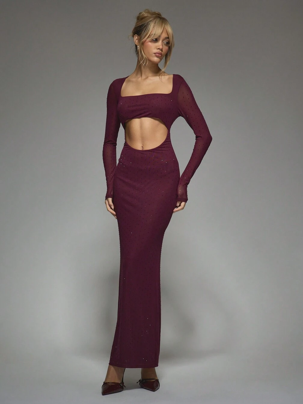 mesh cut out long sleeve dress Women's Cream Textured Mesh Long Sleeve Cut Out Maxi Dress