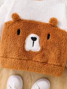 SHEIN Young Girl's & Young Girl's Reversible Fleece 3D Ear Bear Embroidered Sweatshirt, Suitable For Casual Daily Wear