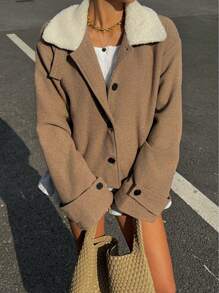 SHEIN Essnce 卡其色蓬松拼接立领短款长袖夹克女秋冬外套 - 棕色 - 查看 4