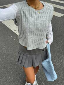 SHEIN Essnce Women's Wide Strap Casual Fluffy Ribbed Crop Camisole Tank Top, Women's Clothing - Apricot - View 4