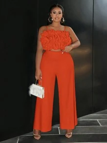 Slaydiva Elegant & Party & Date & Formal Occasion Solid White Sleeveless Ruffle Trim Cropped Top And Long Pants 2 Pieces Set, Woven Fabric, Plus Size, Spring/Summer - Orange - View 7
