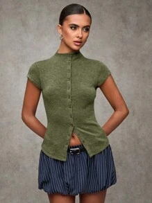 SHEIN BAE Áo thun nữ cổ bẻ tay lỡ màu trơn, cài nút đơn giản, áo thun nữ hàng ngày, áo thun Jersey cài nút - xanh quân đội - Xem 6