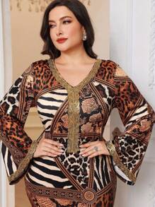 Al Najma Plus Size Women Leopard Print V-Neck Elegancka marszczona obcisła sukienka, Eleganckie dopasowane sukienki Jalabiya Maxi, Na wieczorne przyjęcie/wesele/rocznicę