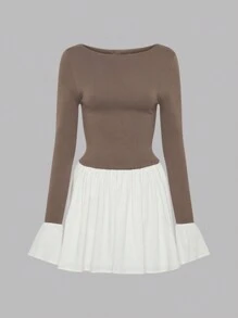 SHEIN Essnce Casual Women's Knit And Linen Mini Dress - Smoke & Ivory Fall/Winter Dress Bachelorette Dress Y2k Dress Fall/Winter Color Block Round Neck Long Sleeve Pleated Simple Casual Short Dress Women Dresses Black Lantern Dress Hem Dress /Flower Bud Hem/Ruffle/Birthday Outfit/Bubbl Thanksgiving Mini Dress