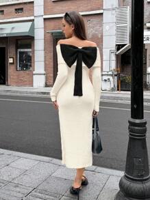 SHEIN Unity Novo Vestido de Tricô Ajustado com Laço nas Costas, Ombros à Mostra, Sexy para Mulheres, Outono/Inverno - Damasco - Visão 3