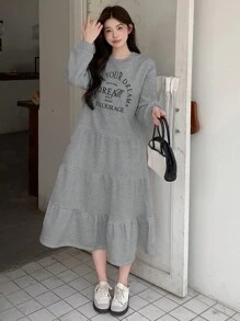 DAZY 女士字母印花圆领长袖荷叶边下摆休闲连衣裙，适合秋冬季，秋季女装