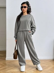 SHEIN Bộ đồ thể thao và áo nỉ ngắn hở vai màu trơn cho bé gái tuổi teen, xám - Xám - Xem 7