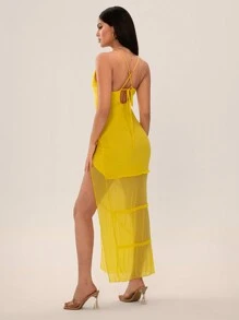 SHEIN SXY 女士黃色網紗蕾絲鏤空開衩長洋裝 - 黃色 - 查看 2