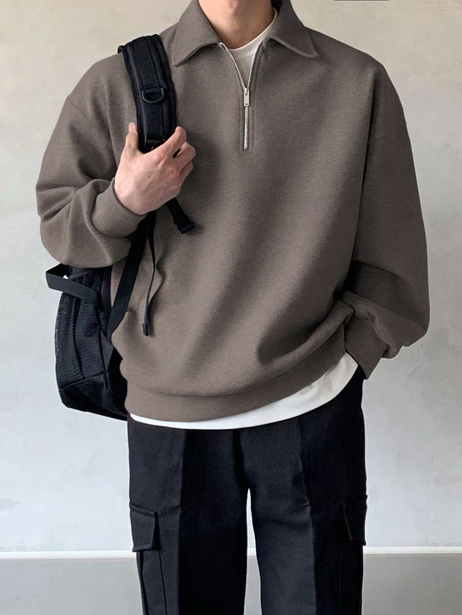 DAZY 男士休闲纯色简约卫衣，适合日常穿着，秋季新款，四分之一拉链设计 - 灰色 - 查看 1