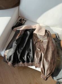 Muchica Ladies New Style Barn Jacket Lapel Leather Jacket - Brown - View 7