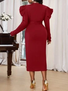 SHEIN Lady Autumn And Winter Elegant Navy Blue Knitted Round Neck Long Sleeve Bodycon Dress Plus Size Dresses Blue Dresses