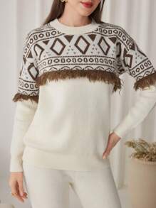 Mulvari 2pcs/Set Women Geometric Print Tassel Decor Crew Neck Long Sleeve Sweater Top And Solid Color Pants - Apricot - View 2