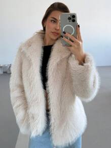 Aloruh Elegant Mid-Length Faux Fur Collar Front Open Cardigan Outerwear, Versatile For Skiing & Vacation - Beige - View 6