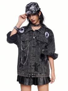 ROMWE Grunge Punk Grunge Punk Distressed Rock Band Party Denim Jacket With Washing, Chain, Embroidered Spider, And Fuzzy Star Eyes Decor, Oversized For Women