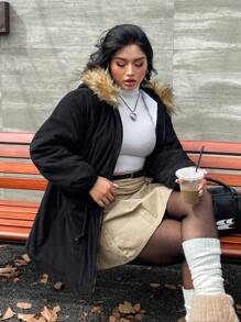 SHEIN EZwear 大码女式黑色夹棉大衣，保暖，寒冷天气，秋装，羊毛，女式冬装 - 黑色 - 查看 6