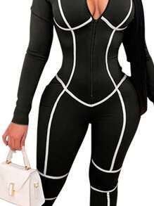 Women Contrast Color Trim Mock Neck Zipper Front Long Sleeve Casual Two Wear Jumpsuit - Black - View 6