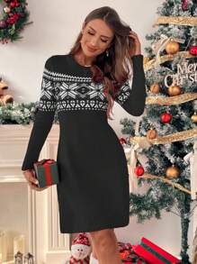 Chiquease Váy len Giáng sinh dài tay bó sát màu đỏ midi, váy cổ tròn eo thon, thu/đông - màu đen - Xem 5