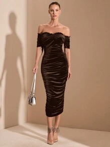 SHEIN BAE Black Off-Shoulder Ruffle-Trim Bodycon Midi Dress, Suitable For Cocktail Parties, Romantic Dates, Autumn/Winter Underlayer, Gatherings, Weddings, Halloween, Christmas