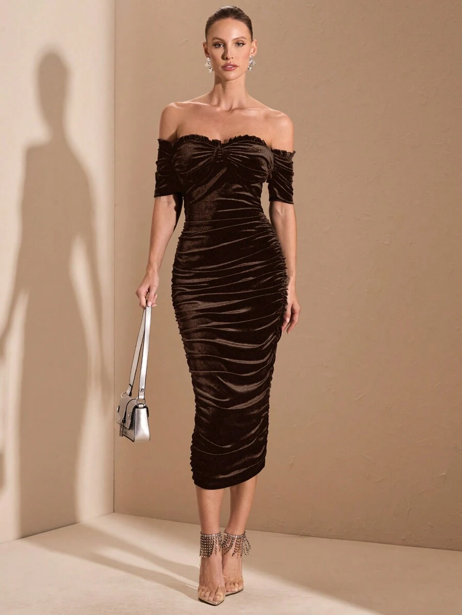 SHEIN BAE Black Off-Shoulder Ruffle-Trim Bodycon Midi Dress, Suitable For Cocktail Parties, Romantic Dates, Autumn/Winter Underlayer, Gatherings, Weddings, Halloween, Christmas