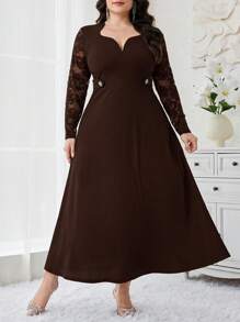 Modelyn 大码纯色蕾丝拼接 V 领优雅长袖连衣裙长款晚礼服