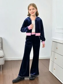 SHEIN Tween 女童水钻字母印花天鹅绒连帽夹克和裤子休闲套装，秋冬 - 藏蓝色 - 查看 5