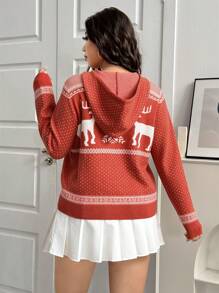 SHEIN EZwear 大码女式圣诞麋鹿和雪花图案连帽毛衣，适合冬季 - 紅白色 - 查看 2