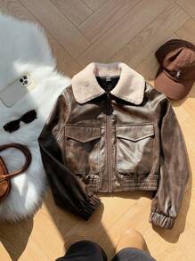 Muchica Ladies New Style Barn Jacket Lapel Leather Jacket - Brown - View 1