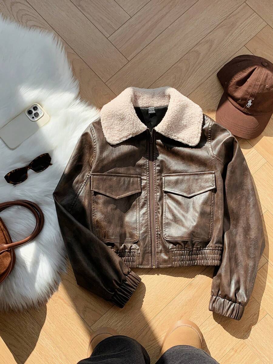 Muchica Ladies New Style Barn Jacket Lapel Leather Jacket - Brown - View 1