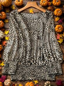 SHEIN LUNE Fall Clothes Casual Everyday Wear,Plus Size Women Shirts Leopard Print Round Neck Long Sleeve Casual Blouse Holiday Outfit