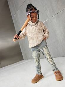 SHEIN 年轻男孩时尚复古设计做旧复古水洗毛边拼接高弹力修身蓝色牛仔裤，适合儿童冬季户外服装