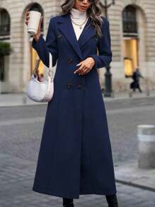 SHEIN Clasi Long Overcoat With Pointed Lapel & Double-Breasted Closure - Navy Blue - View 4