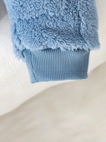 SHEIN Vintaside Kids Bộ 3 áo nỉ dệt kim gấu bông màu trắng Unisex cho bé trai, quần nỉ và mũ tai gấu, ấm áp và thoải mái cho mùa thu/đông - Màu xanh lam - Xem 5