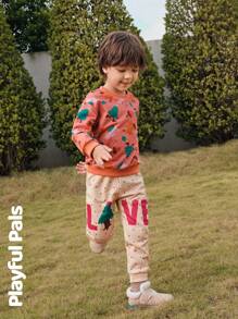 SHEIN 2 件套年轻男孩图案印花圆领长袖上衣和休闲裤套装，适合圣诞节 - 彩色 - 查看 3