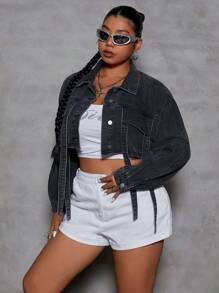 SHEIN ICON Plus Size Women Drop Shoulder Long Sleeve Single-Breasted Short Casual Denim Jacket, Autumn - Black - View 1