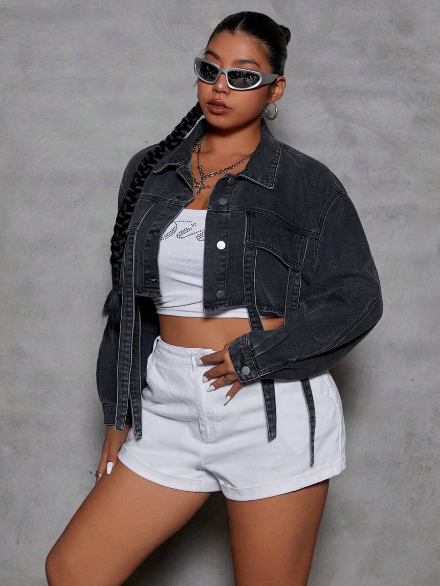 SHEIN ICON Plus Size Women Drop Shoulder Long Sleeve Single-Breasted Short Casual Denim Jacket, Autumn - Black - View 1