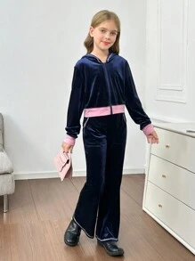 SHEIN Tween 女童水钻字母印花天鹅绒连帽夹克和裤子休闲套装，秋冬 - 藏蓝色 - 查看 4