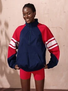 VARSITIE Chaqueta deportiva informal suelta de mujer con estampado de rayas y contraste de colores - Azul - Ver 4