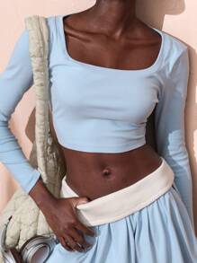 VARSITIE 秋冬方领、长袖、修身、收腰、撞色褶皱女式运动套装 - 藍色 - 查看 5