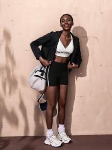 VARSIVA White High Elasticity Ribbed Letter Screenprint Criss-Cross Back Sports Bra - White - View 5