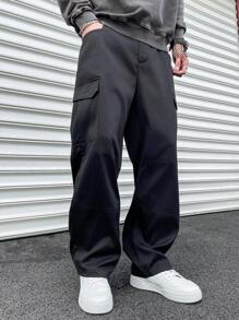 Manfinity Homme Plus Size Men's Casual Fashion Versatile Straight Leg Pants, Spring/Autumn Going Out Long Plain Black Cargo Pants, For Husband, Boyfriend Gifts