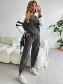 SHEIN LUNE Bộ 2 món áo nỉ và quần cơ bản phối màu thường ngày cho nữ, Bộ 2 món thu đông cho nữ Bộ đồ hai mảnh cho nữ - Nhiều màu - Xem 5