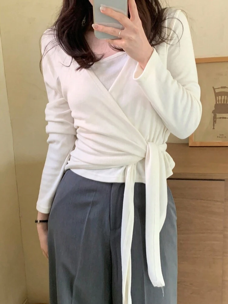 2pcs/Set Women Solid Color Fitted Camisole & Long Sleeve T-Shirt Layered Top, White, Spring/Summer,Fall Clothes