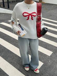 SHEIN Essnce Holiday Sweater Ugly Christmas Sweater Women Sweater Bow Sweater   Christmas Sweater Dress Ankara Red Bow Wool Women's Sleeve Bow Web Contrast Color Hollow Drop Shoulder Long Sleeve Loose Sweater, Autumn And Winter - White - View 3