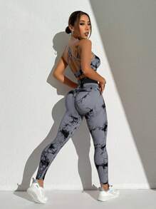 Slayoga Conjunto esportivo sem costura de alta elasticidade com tie-dye (estampa aleatória) Conjunto de treino feminino Conjunto de leggings feminino