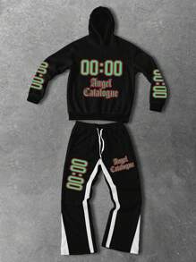 Manfinity LEGND Bộ 2 áo hoodie dài tay in chữ mùa thu dành cho nam và quần nỉ, bộ đồ thể thao thường ngày - màu đen - Xem 1