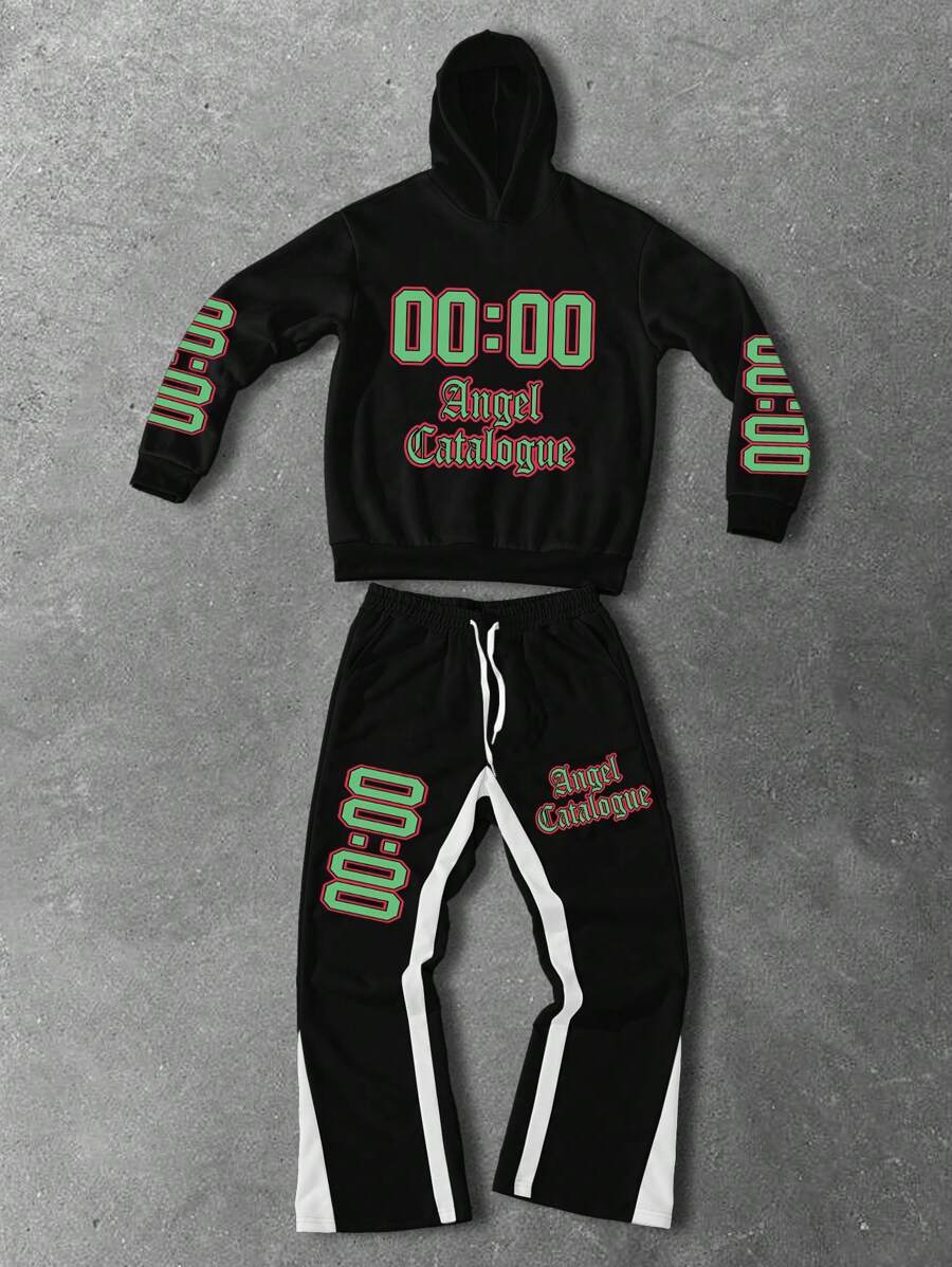 Manfinity LEGND Bộ 2 áo hoodie dài tay in chữ mùa thu dành cho nam và quần nỉ, bộ đồ thể thao thường ngày - màu đen - Xem 1