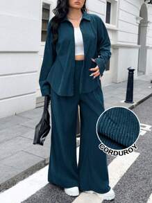 SHEIN EZwear Plus Size Women Solid Color Long Sleeve Buttoned Shirt And Wide Leg Pants, 2pcs Casual Loose Outfit - Blue - View 1