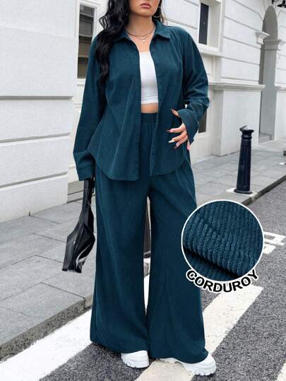 Muchica Plus Size Women Casual Everyday Commute Simple Solid Corduroy Drop Shoulder Loose Shirt And Wide Leg Pants Set, Autumn Comfortable Two Piece Set Plus Size Pants Suit 2 Piece Casual Sets Woman Women Plus Clothing 2 Piece Autumn/Winter,Christmas,New Year,Thanksgiving,Party,Wedding,Beach,Graduati,Chic,Elegant,Casual,Going Out,Date,Appointment,Commute