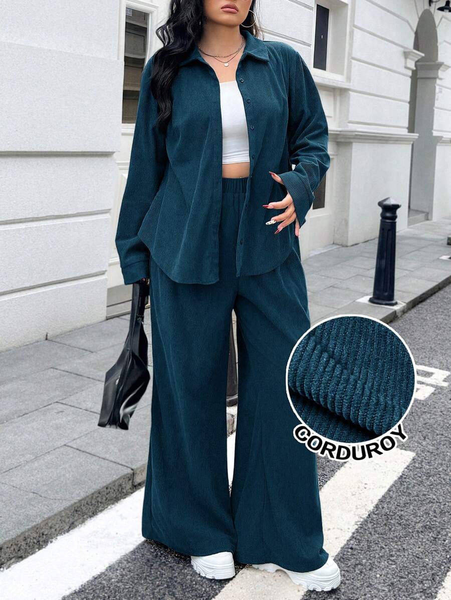 SHEIN EZwear Plus Size Women Solid Color Long Sleeve Buttoned Shirt And Wide Leg Pants, 2pcs Casual Loose Outfit - Blue - View 1